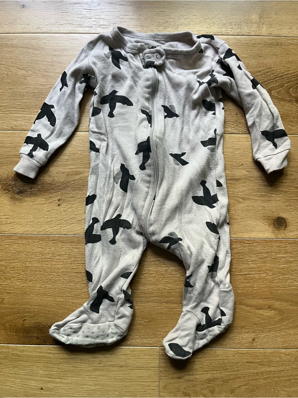 EUC Leveret Grey & Black Bird Print Cotton Zipped Footie Sleep and Play